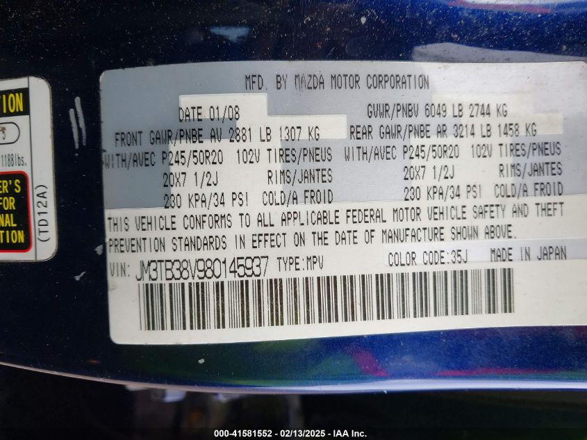 2008 Mazda Cx-9 Grand Touring VIN: JM3TB38V980145937 Lot: 41581552