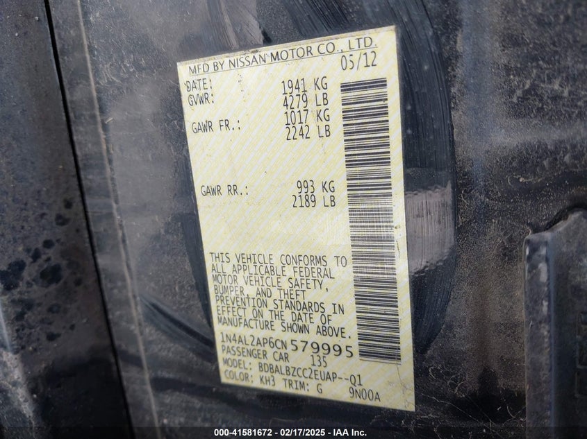 2012 NISSAN ALTIMA VIN: 1N4AL2AP6CN579995