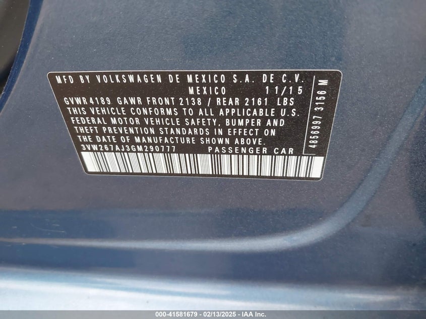 2016 VOLKSWAGEN JETTA VIN: 3VW267AJ3GM290777