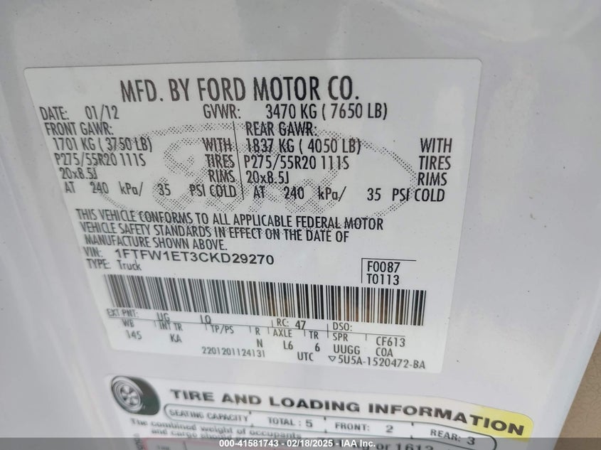 2012 FORD F-150 VIN: 1FTFW1ET3CKD29270