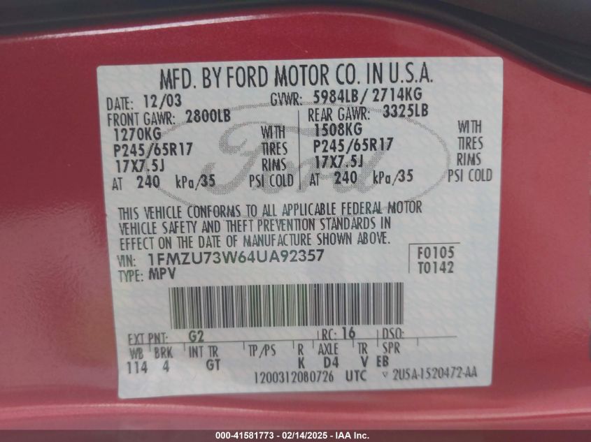 2004 Ford Explorer Nbx/Xlt VIN: 1FMZU73W64UA92357 Lot: 41581773