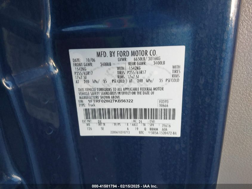 2007 Ford F-150 Stx/Xlt VIN: 1FTRF02WZ7KB56322 Lot: 41581794