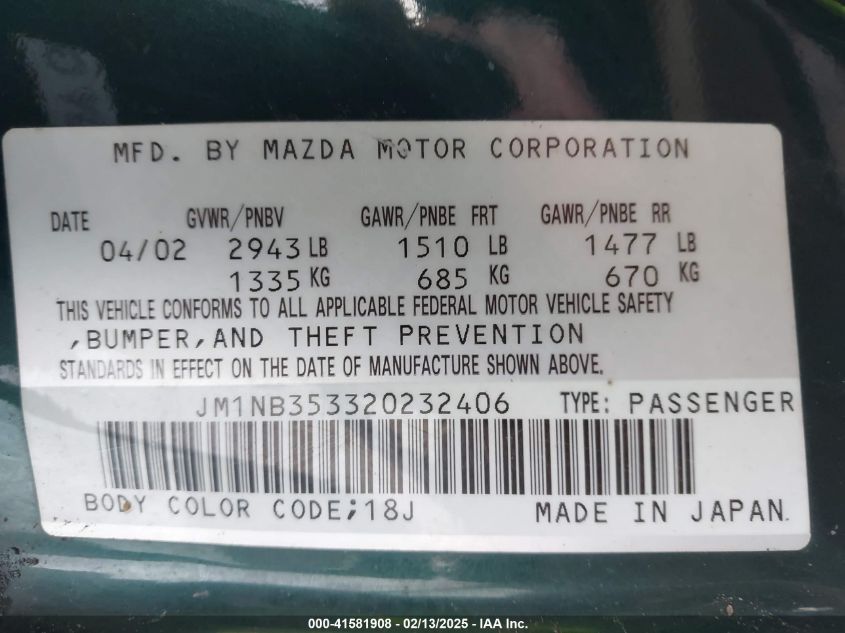 2002 Mazda Mx-5 Miata Cloth/Ls/Se VIN: JM1NB353320232406 Lot: 41581908