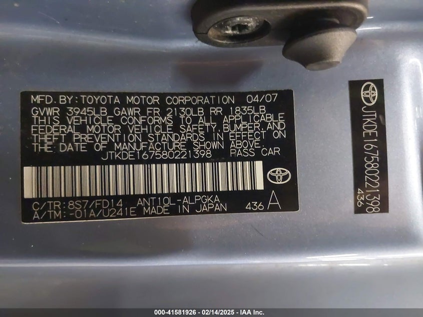 2008 TOYOTA SCION TC VIN: JTKDE167580221398