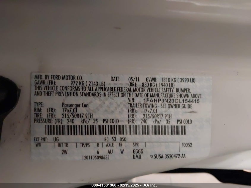 2012 FORD FOCUS VIN: 1FAHP3N23CL154415