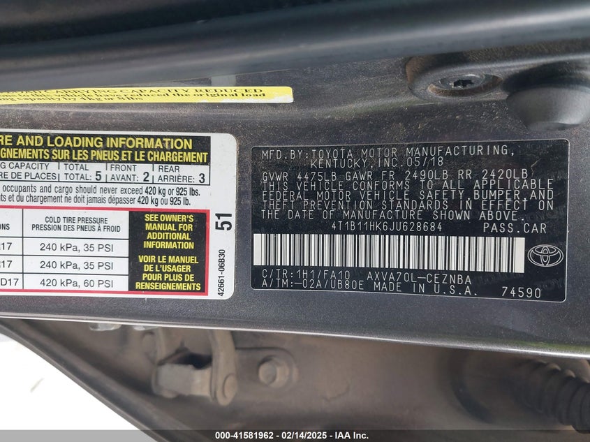 2018 TOYOTA CAMRY VIN: 4T1B11HK6JU628684
