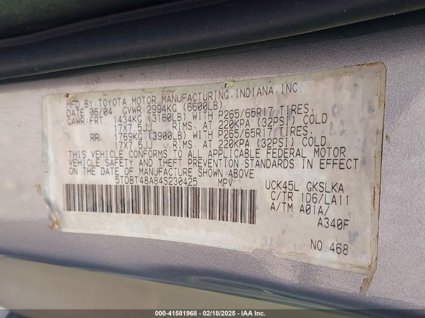 2004 Toyota Sequoia Limited V8 VIN: 5TDBT48A84F230425 Lot: 41581968