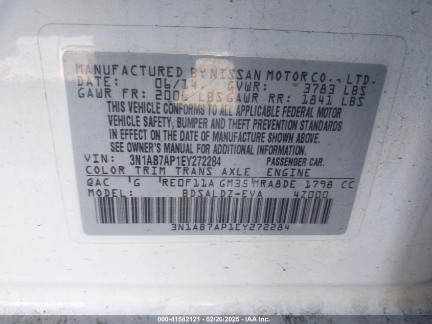 2014 Nissan Sentra Sv VIN: 3N1AB7AP1EY272284 Lot: 41582121