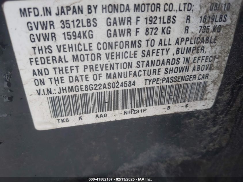 2010 Honda Fit VIN: JHMGE8G22AF024584 Lot: 41582167