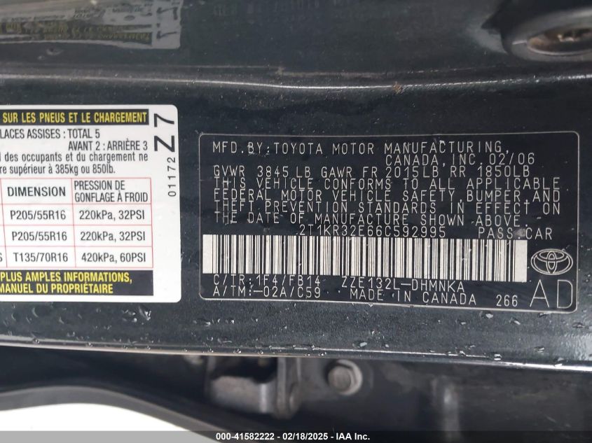 2006 Toyota Matrix Xr VIN: 2T1KR32E66C592995 Lot: 41582222