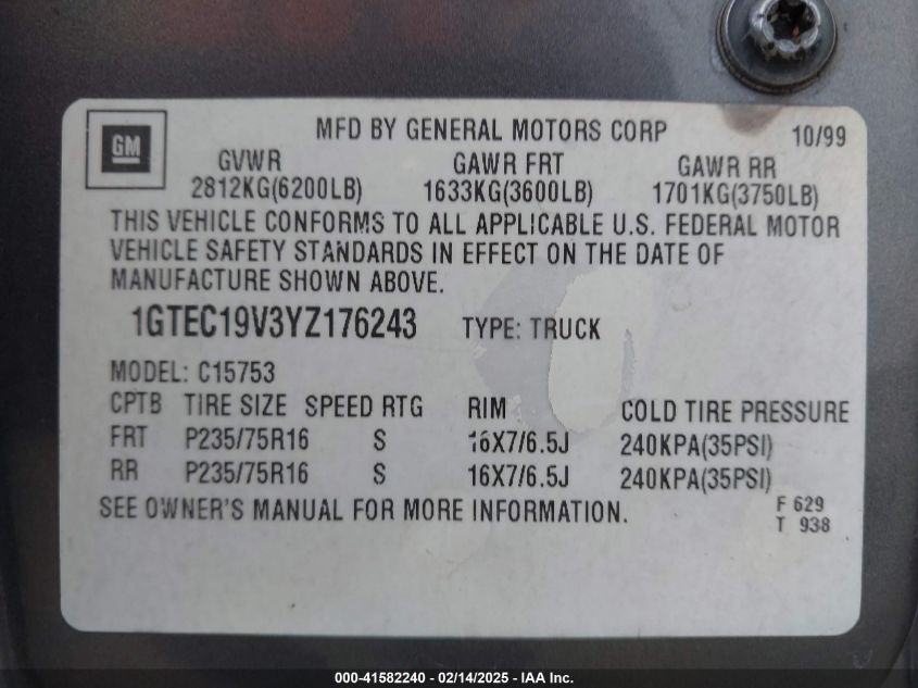 2000 GMC Sierra 1500 Sle VIN: 1GTEC19V3YZ176243 Lot: 43331746