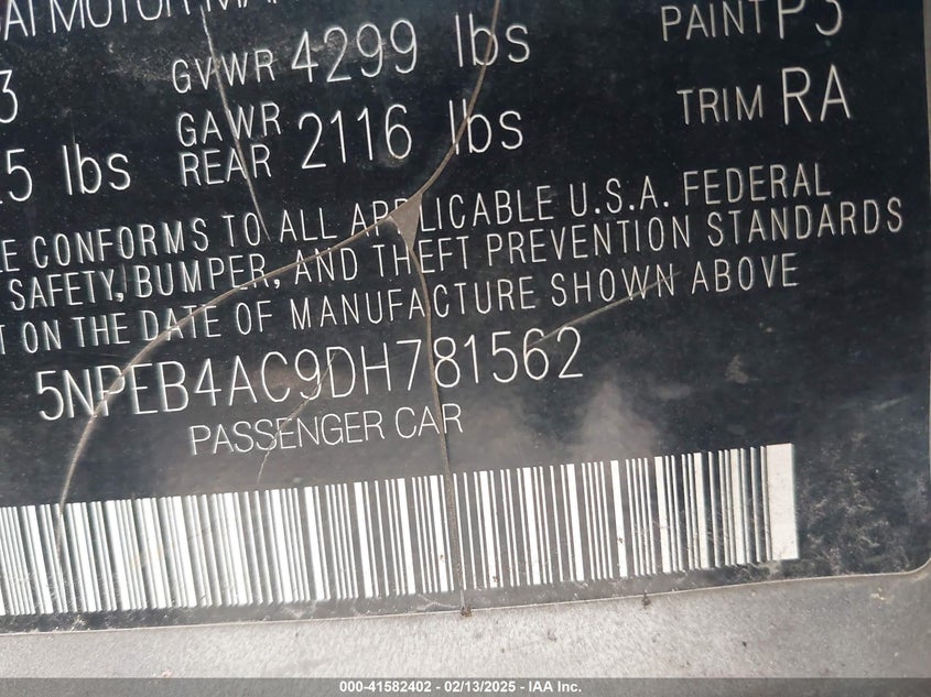 2013 HYUNDAI SONATA VIN: 5NPEB4AC9DH781562