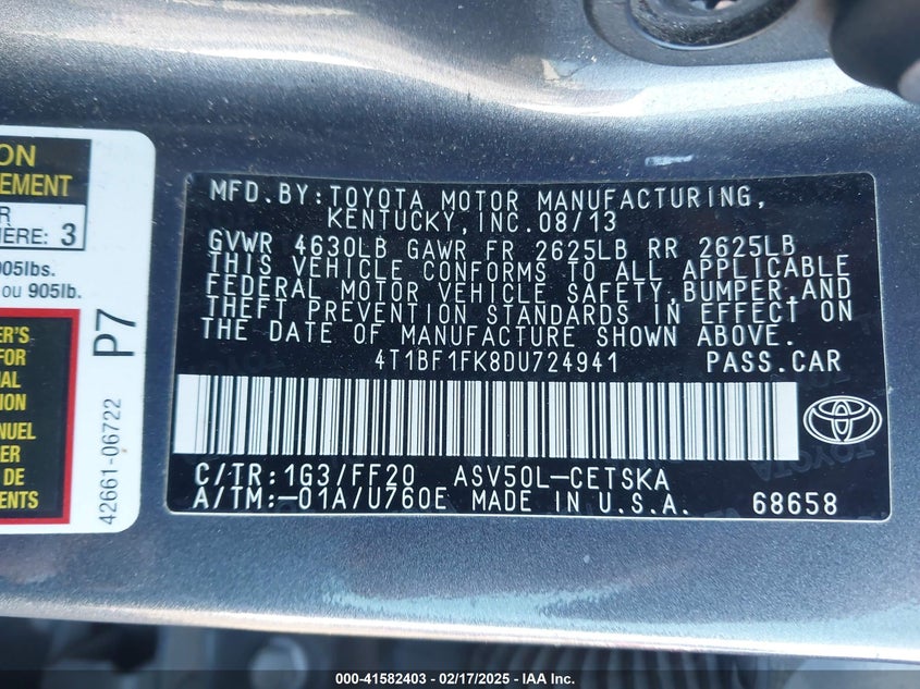 2013 TOYOTA CAMRY VIN: 4T1BF1FK8DU724941