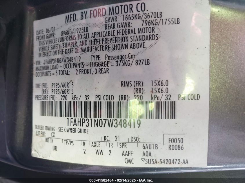 2007 Ford Focus S/Se/Ses VIN: 1FAHP31N07W348419 Lot: 41582464