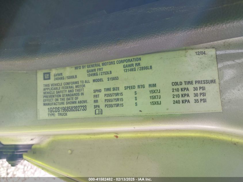 2005 Chevrolet Colorado Ls VIN: 1GCDS196858202733 Lot: 41582482