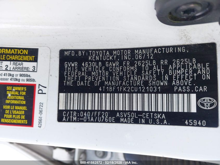 2012 Toyota Camry Se VIN: 4T1BF1FK2CU121031 Lot: 41582572