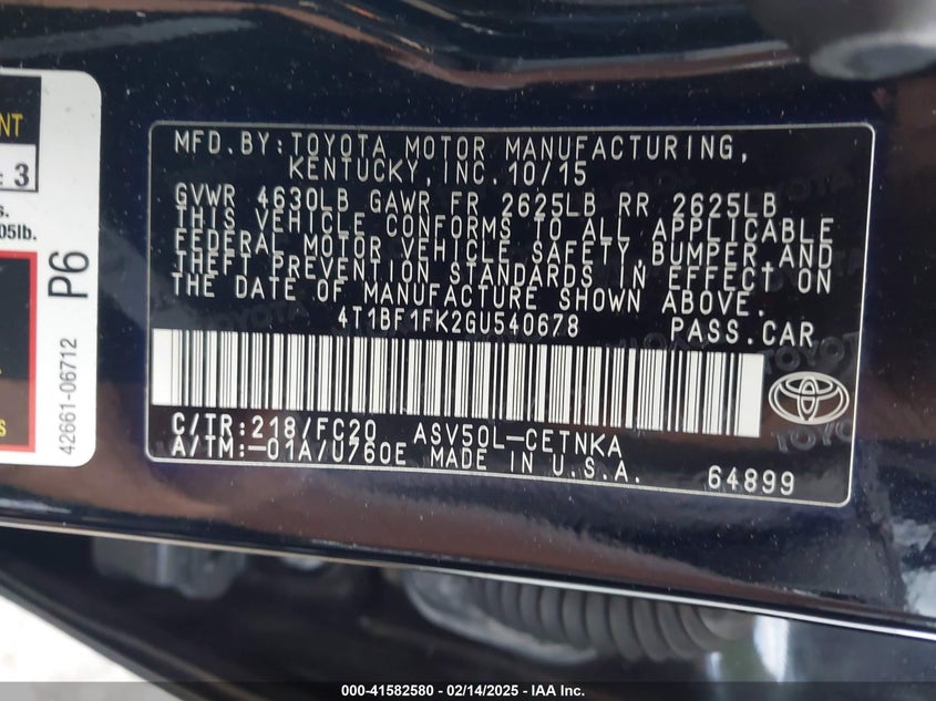 2016 TOYOTA CAMRY VIN: 4T1BF1FK2GU540678