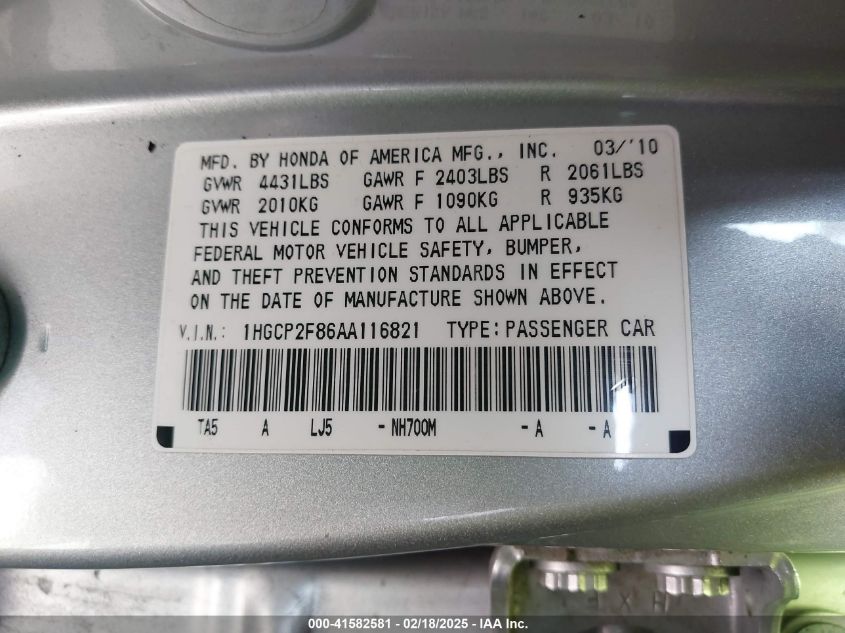 2010 Honda Accord 2.4 Ex-L VIN: 1HGCP2F86AA116821 Lot: 41582581