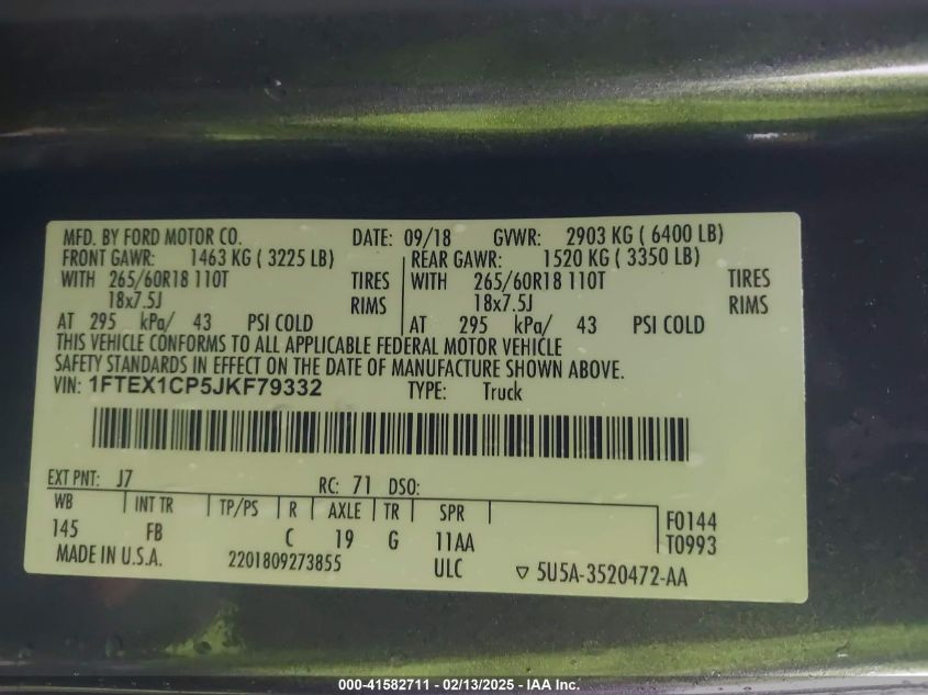 2018 Ford F-150 Xlt VIN: 1FTEX1CP5JKF79332 Lot: 41582711