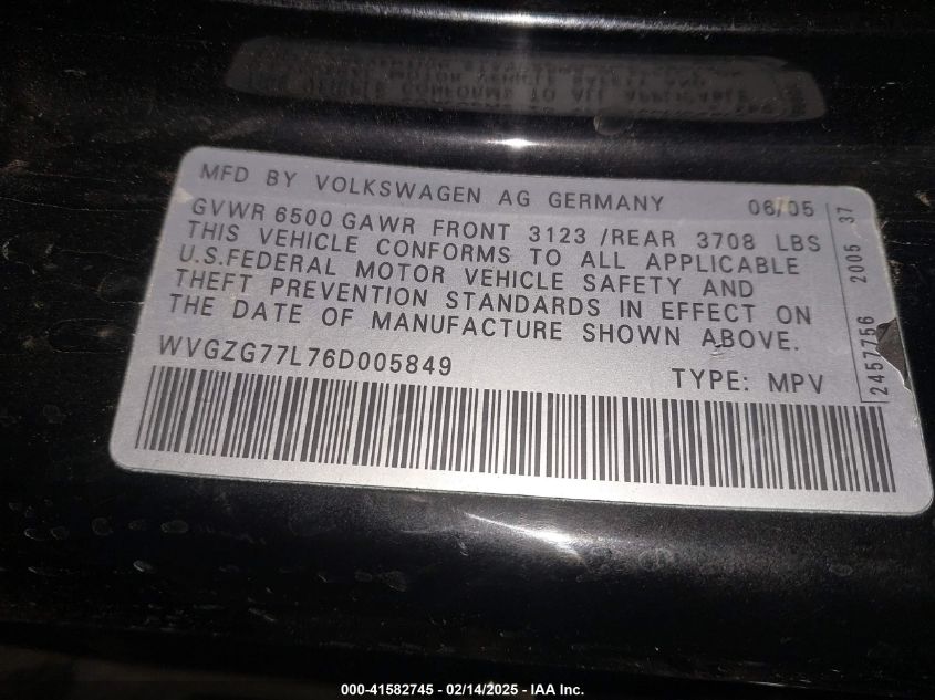 2006 Volkswagen Touareg V6 VIN: 0WVGZG77L76D00584 Lot: 41582745