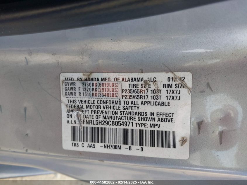 2012 Honda Odyssey Lx VIN: 5FNRL5H29CB054971 Lot: 41582882