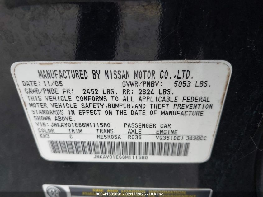 2006 Infiniti M35 VIN: JNKAY01E66M111580 Lot: 41582891