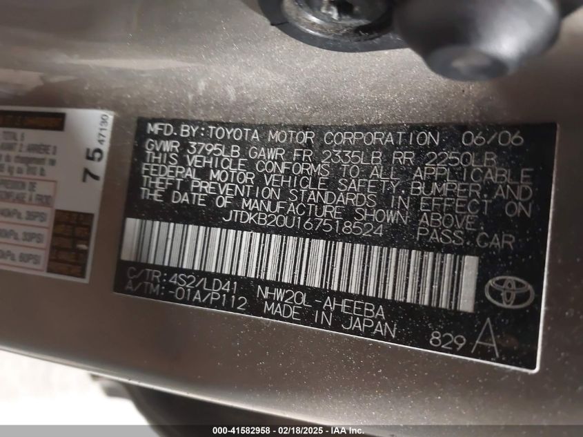 2006 Toyota Prius VIN: JTDKB20U167518524 Lot: 41582958