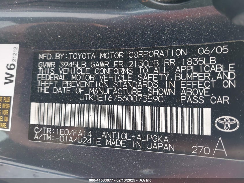 2006 SCION TC VIN: JTKDE167560073590