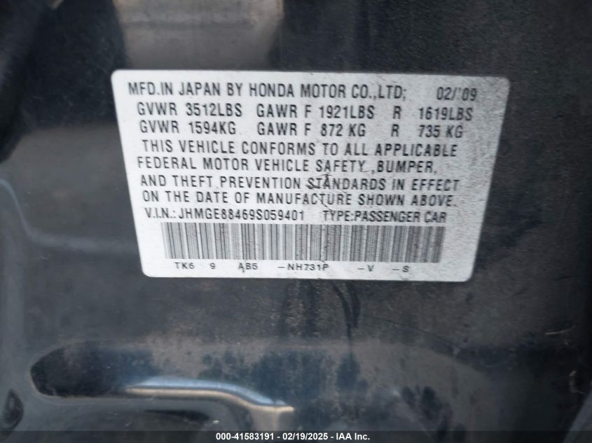 2009 Honda Fit Sport VIN: JHMGE88469S059401 Lot: 41583191