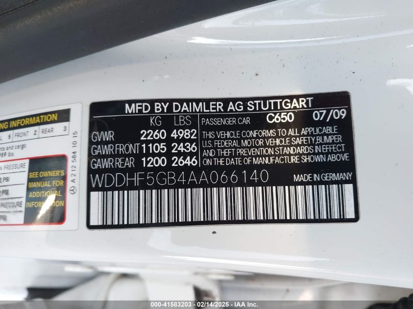 2010 Mercedes-Benz E-Class E 350 Luxury VIN: WDDHF5GB4AA066140 Lot: 41583203