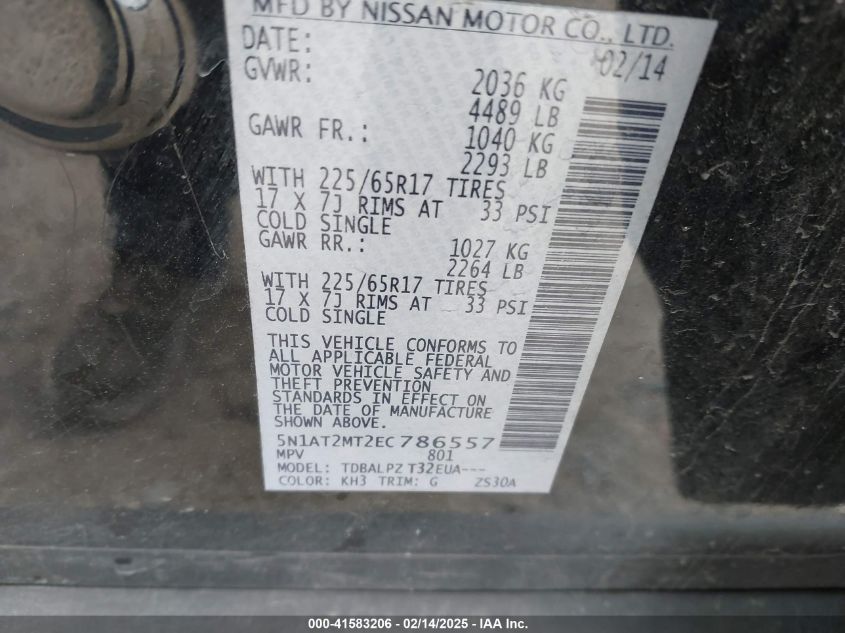 2014 Nissan Rogue S VIN: 5N1AT2MT2EC786557 Lot: 41583206