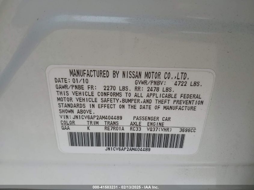 2010 Infiniti G37 Anniversary Edition VIN: JN1CV6AP2AM404448 Lot: 41583231