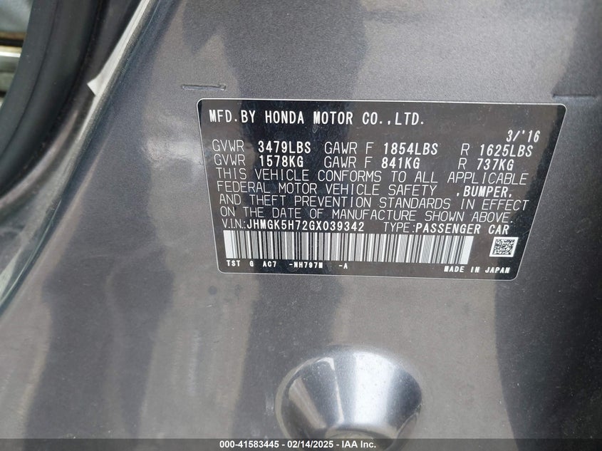 2016 HONDA FIT VIN: JHMGK5H72GX039342