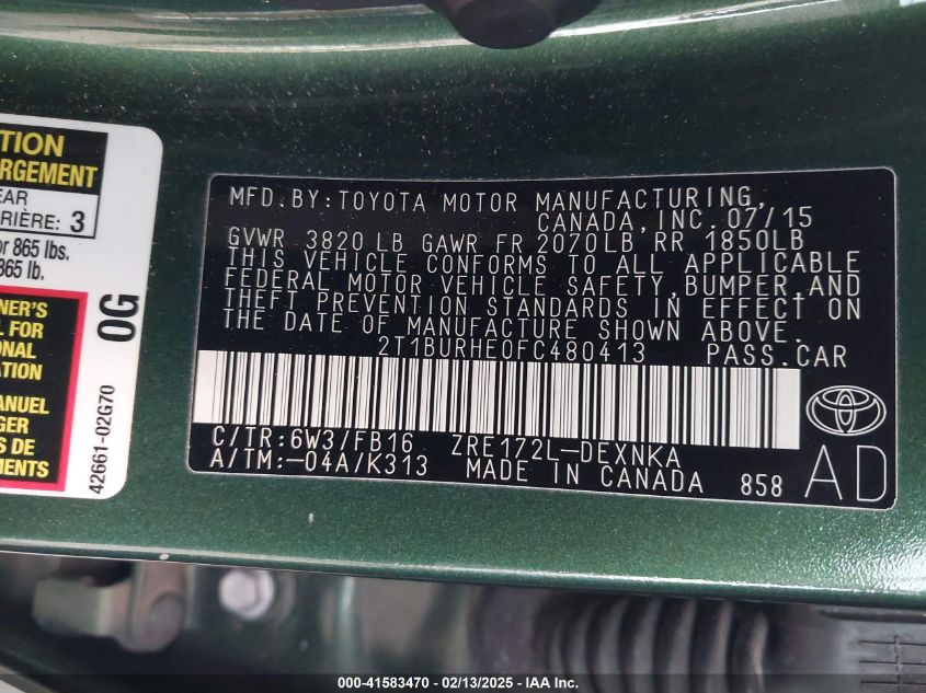 2015 Toyota Corolla Le VIN: 2T1BURHE0FC480413 Lot: 41583470