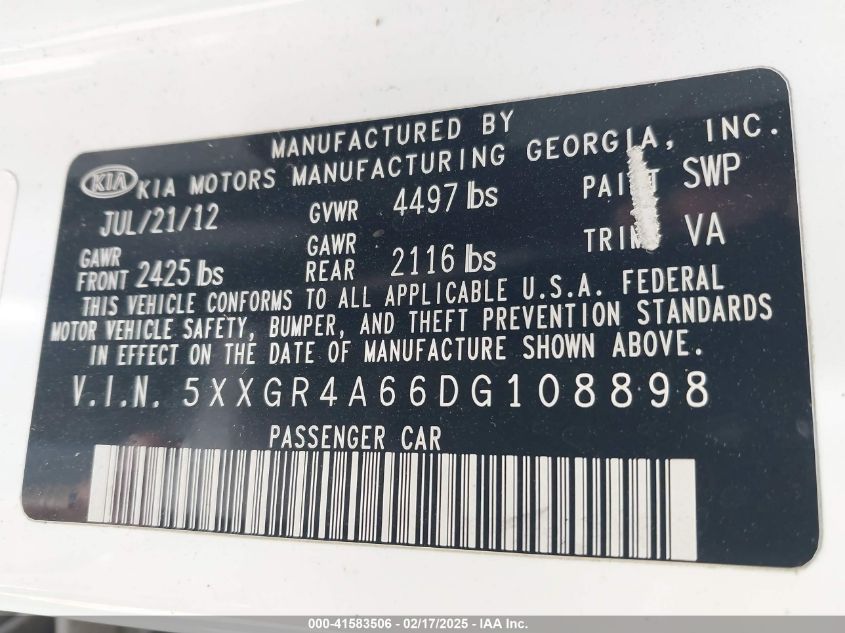 2013 Kia Optima Sx VIN: 5XXGR4A66DG108898 Lot: 41583506