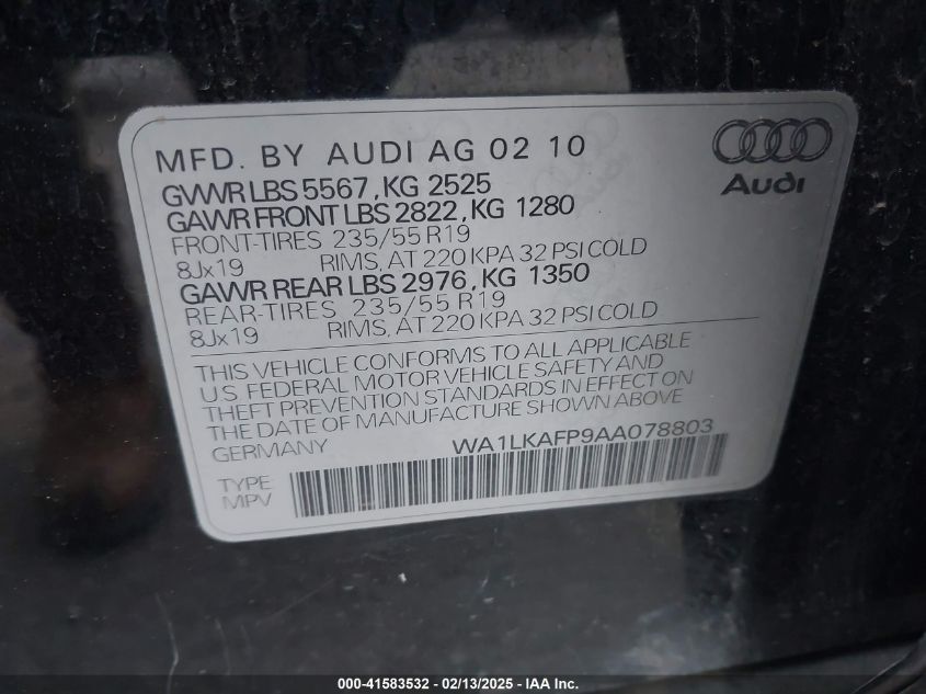 2010 Audi Q5 3.2 Premium VIN: WA1LKAFP9AA078803 Lot: 41583532