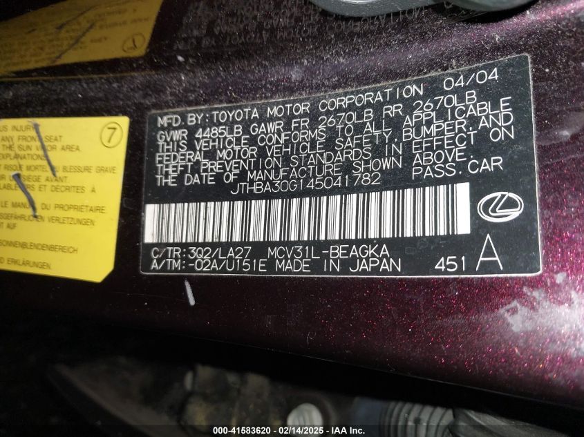 2004 Lexus Es 330 VIN: JTHBA30G145041782 Lot: 41583620