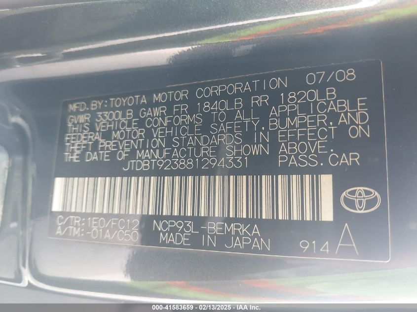 2008 Toyota Yaris VIN: JTDBT923881294331 Lot: 41583659