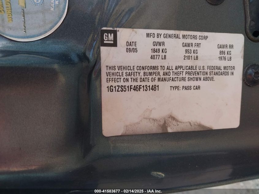 2006 Chevrolet Malibu Ls VIN: 1G1ZS51F46F131481 Lot: 41583677