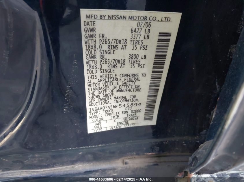 2006 Nissan Titan Se VIN: 1N6AA07A56N545894 Lot: 41583686