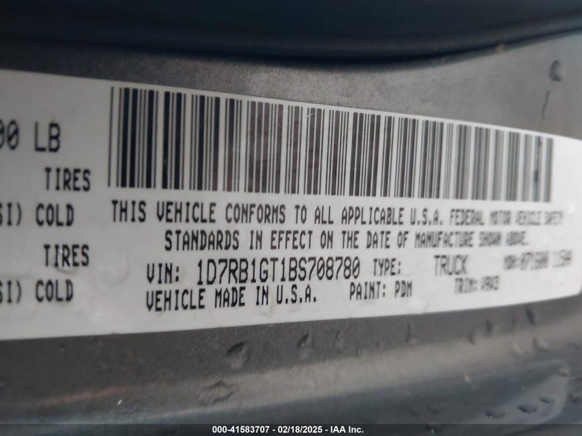 2011 Ram Ram 1500 Slt VIN: 1D7RB1GT1BS708780 Lot: 41583707