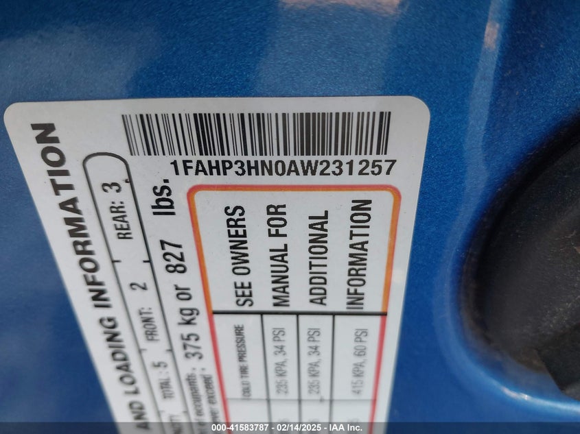 2010 FORD FOCUS VIN: 1FAHP3HN0AW231257