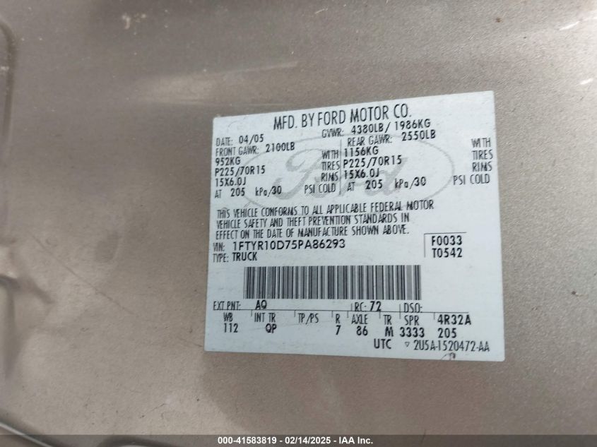 2005 Ford Ranger Xl/Xls/Xlt VIN: 1FTYR10D75PA86293 Lot: 41583819