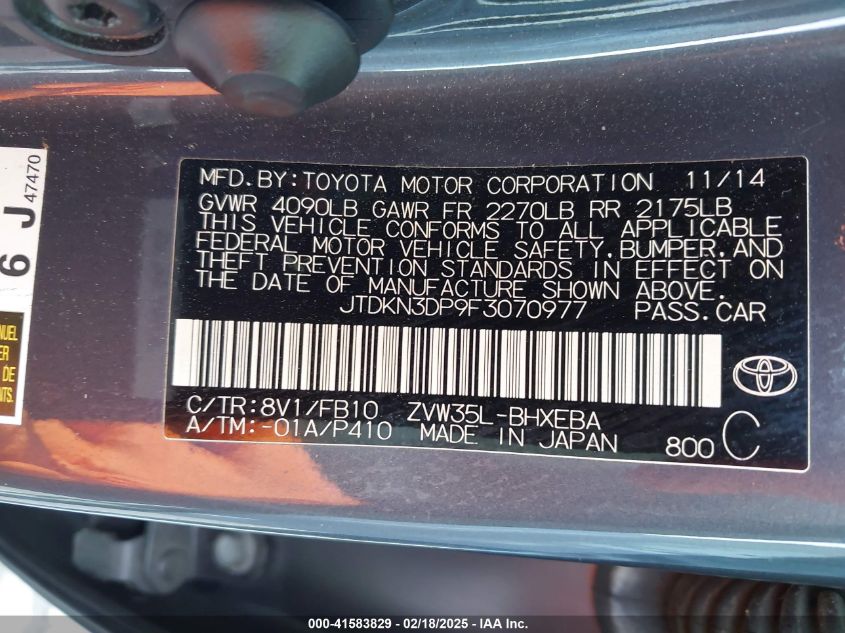 2015 Toyota Prius Plug-In VIN: JTDKN3DP9F3070977 Lot: 41583829