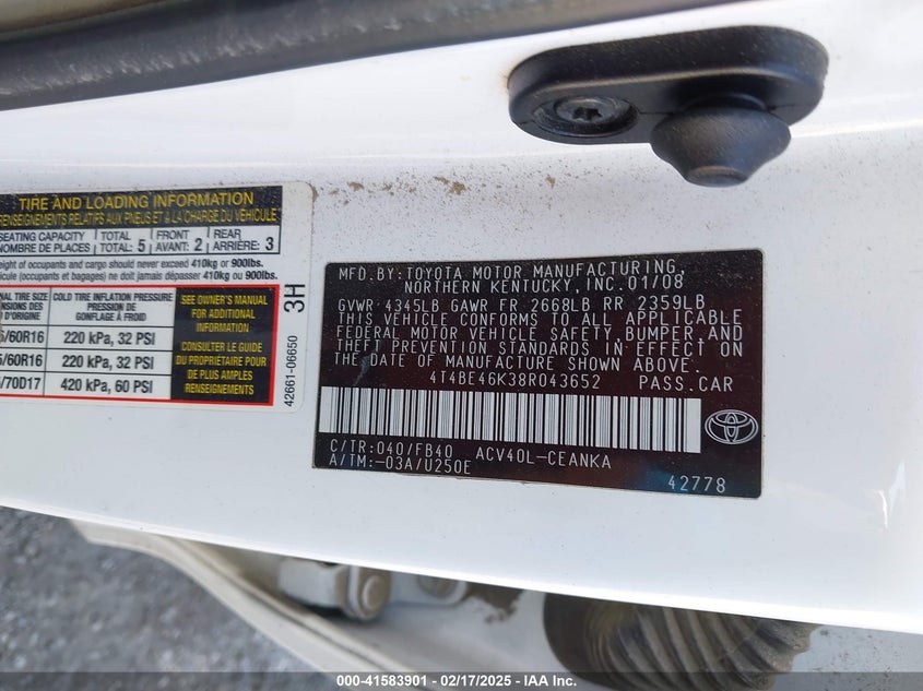 2008 TOYOTA CAMRY VIN: 4T4BE46K38R043652