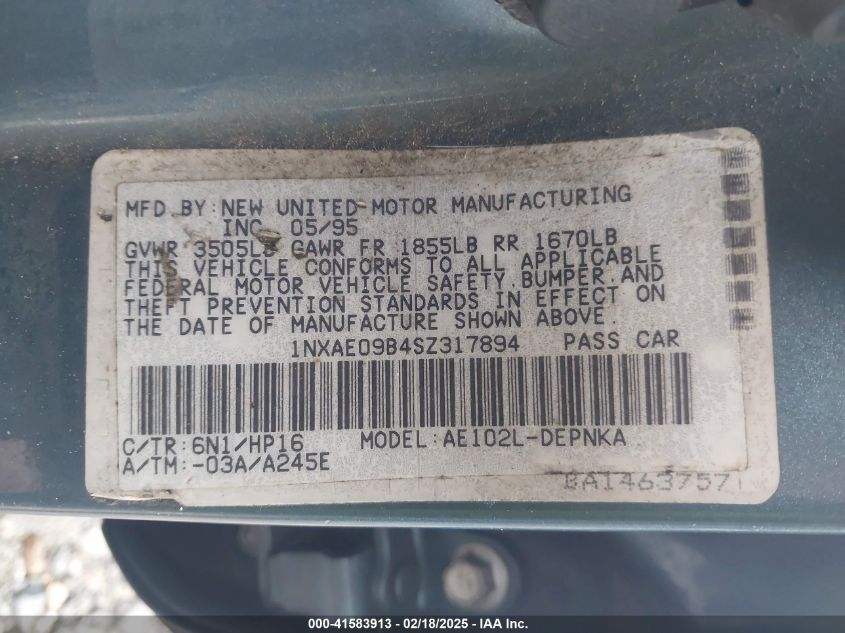 1995 Toyota Corolla Le/Dx VIN: 1NXAE09B4SZ317894 Lot: 41583913