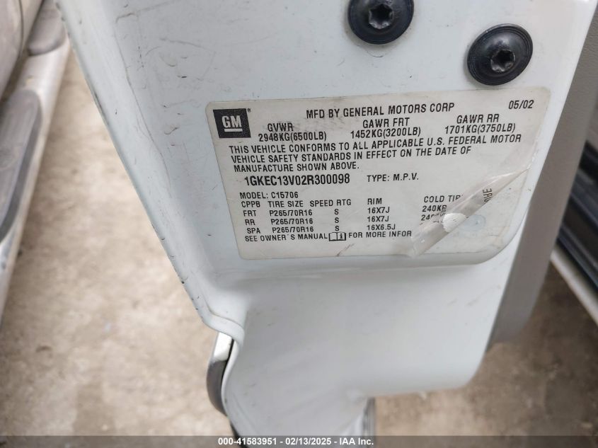 2002 GMC Yukon Sle VIN: 1GKEC13V02R300098 Lot: 41583951