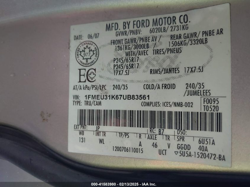 2007 Ford Explorer Sport Trac Xlt VIN: 1FMEU31K67UB83561 Lot: 41583980