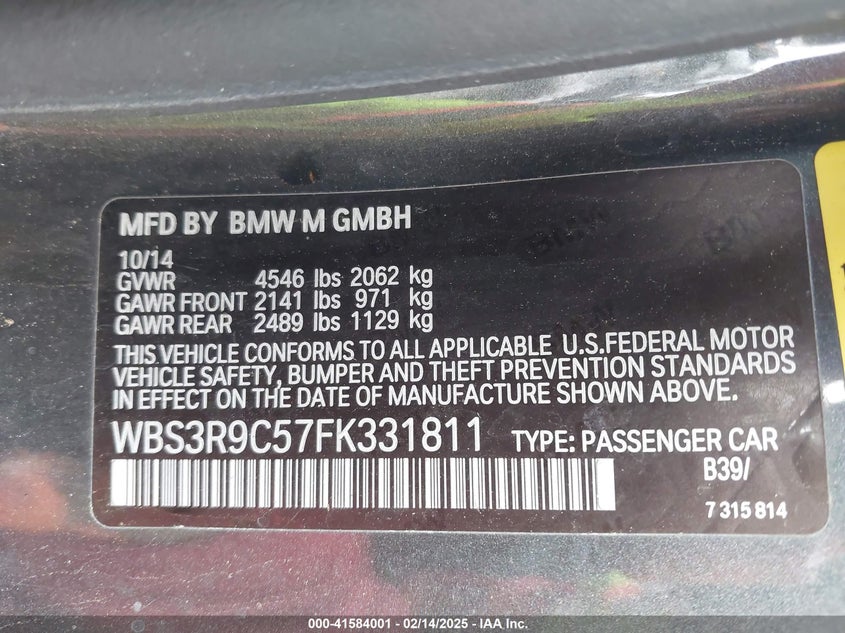 2015 BMW M4 VIN: WBS3R9C57FK331811