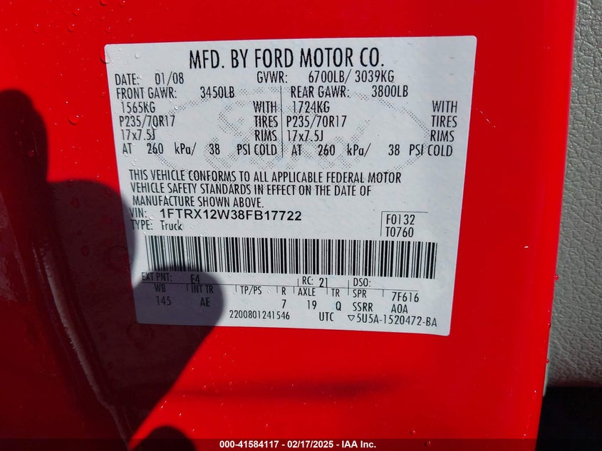 2008 FORD F-150 VIN: 1FTRX12W38FB17722